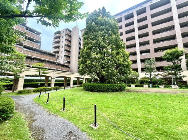 【共用部】　建物に囲まれた緑豊かな中庭。木々や芝生が広がり、四季の移ろいを身近に感じられます。
