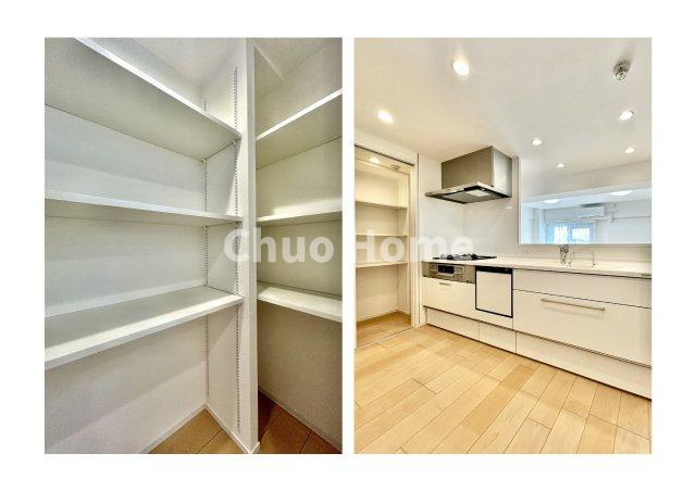 ワイドで収納豊富なシステムキッチン・大型パントリー