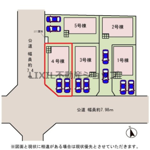 【区画図】区画図です。開放感のある2方面角地。並列2台駐車可です。