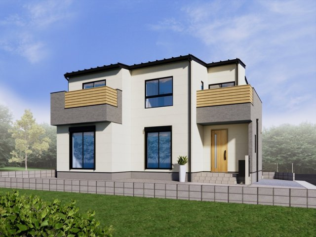 行田市桜町3丁目9区画4号棟　完成イメージ　明るい外壁にグレーのカラーが映える、ナチュラルな外観。開放感のある広いバルコニーが特徴的なデザインとなっております！
