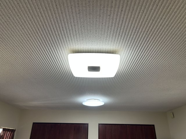 吸音効果もある天井材。照明器具も備えています。