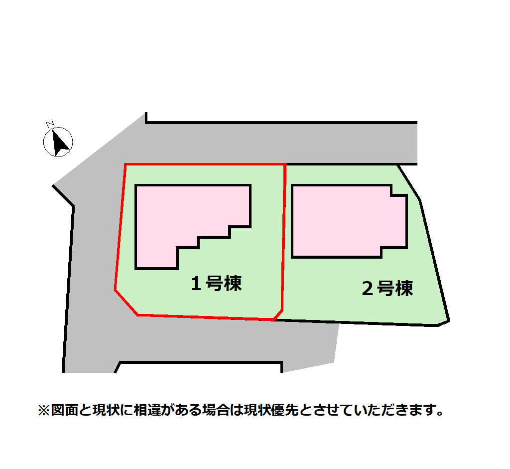 【区画図】区画図です。並列2台駐車可能。三方向道路で日当たり風通し良好！