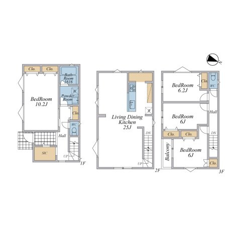 LDK25帖+主寝室10帖以上の3層4LDK参考プラン（建物面積124.85平米、建物価格2560万円）