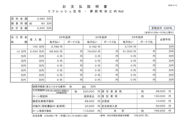 【お支払い説明書（例）】必要な諸費用全て含めて計算しております。ご入居後に余分な出費はございません。