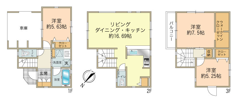 3号棟（3450万円、敷地面積：71.13？、延床面積：103.40？、車庫面積：10.86？）