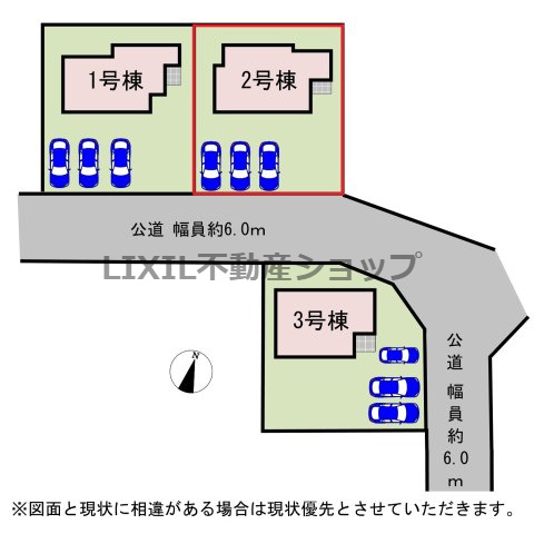 【区画図】区画図です。　駐車場は並列駐車3台可能！前面道路も広くて安心ですね！