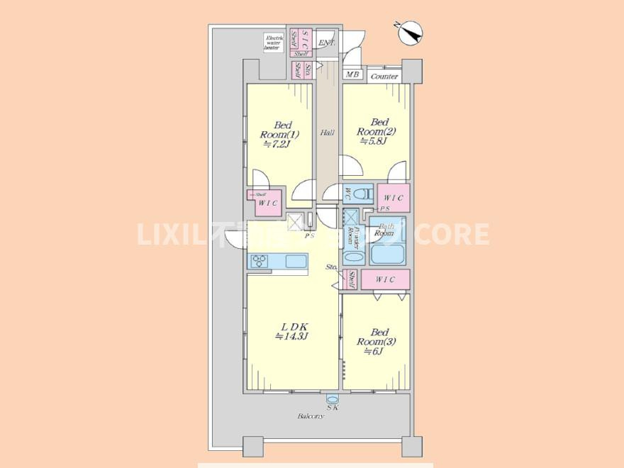 全洋室ウォークインクローゼット完備で収納力抜群の3LDK。玄関のシューズインクローゼットなど豊富な収納が魅力です。14.3帖の広々としたLDKは対面式キッチンを採用し、家族の会話も弾む空間です。