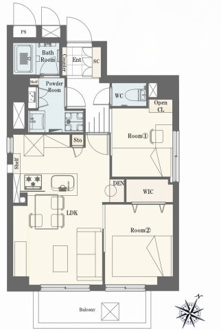 専有面積46.10？、バルコニー面積5.22？の使い勝手の良い間取り設計。各部屋に収納が確保されており、居住空間を広く効率的に使えるレイアウトが魅力的な居住プランです。