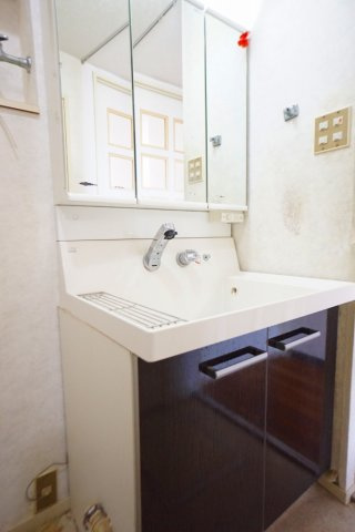 シャワー付き洗面化粧台、三面鏡裏は収納になっています。