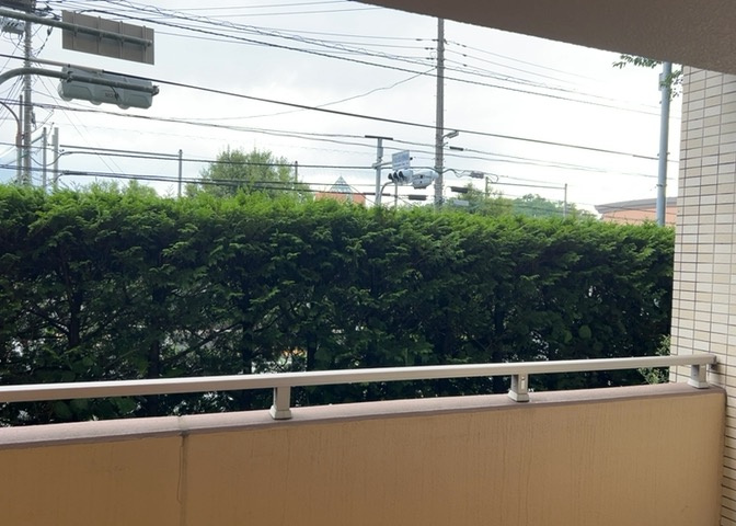 14階建てマンションの1階部分からの眺望写真です。南向きのバルコニーに面しており周囲の緑豊かで整備された歩道や静かな街並みを臨むことができます。陽当りや通風も良好で気持ちよい景色が広がります。