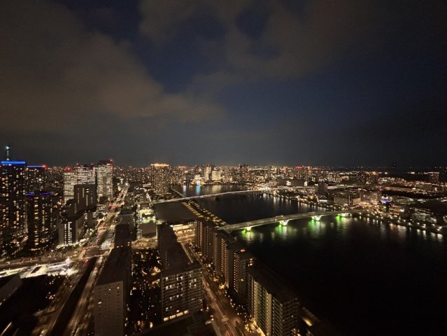 足元には光の絨毯を敷き詰めたような晴海運河のきらめき、その先に広がる東京湾の静謐な闇。