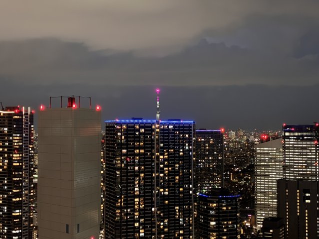 視界の先に、東京の歴史と未来を象徴する東京タワーとスカイツリーの2つの輝きを同時に捉えます