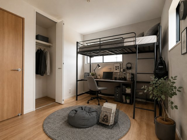 （洋室の使用例）5.3帖の洋室は子ども部屋に最適。ベッドとデスクを置いても窮屈感がなく、年頃のお子さまのプライベート空間を充実させられます。※家具・装飾はイメージです
