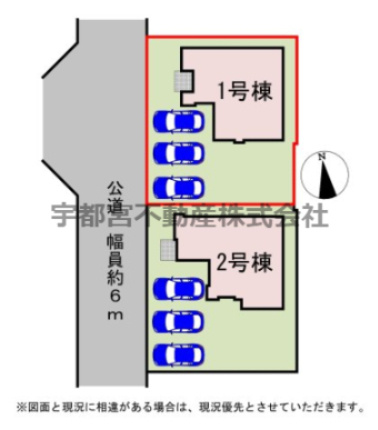 【区画図】区画図です。　広々カースペースを確保しました！家族の出かける時間が異なっても安心！