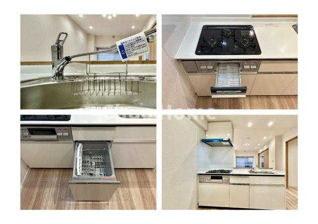 【システムキッチン】ワイドで収納豊富な使い勝手の良いカウンターキッチンには、食洗器・伸縮タイプのキッチン水栓、三ツ口コンロ・魚焼きグリルなどの便利な設備が標準完備されています。