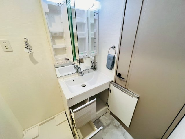 身支度の時間が楽しくなる、収納豊富な三面鏡洗面台。