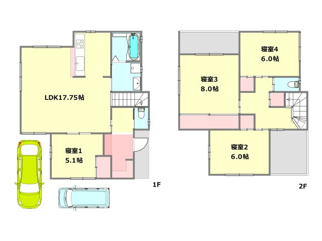 （プラン図：4LDK・2階建て・カースペース2台）水回りが集中：キッチン、洗面所、浴室が近く、家事動線がスムーズです。並列・縦列の2台駐車可能。