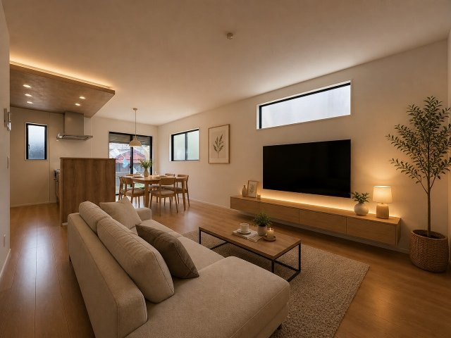 5号棟　※CG加工を施していて実際家具は無く、細かな部分が異なる場合があります。　陽当たり良好のリビングです！過ごす時間が長いからこそ家族との繋がりが感じられる空間！