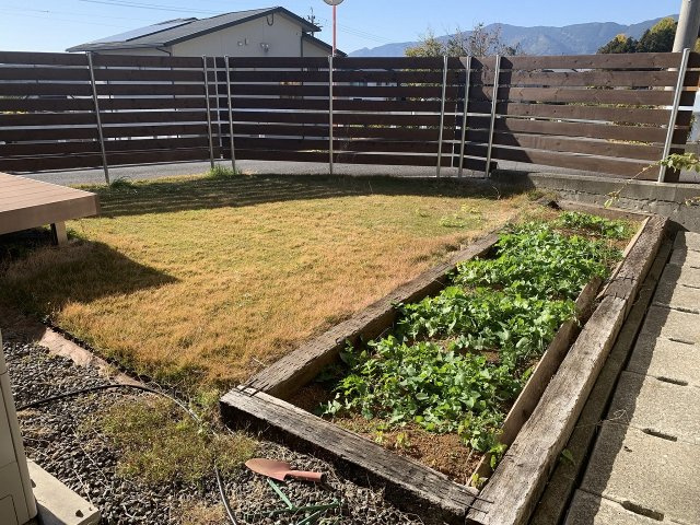 敷地の西側には広々とした庭スペースあります。家庭菜園も可能です。