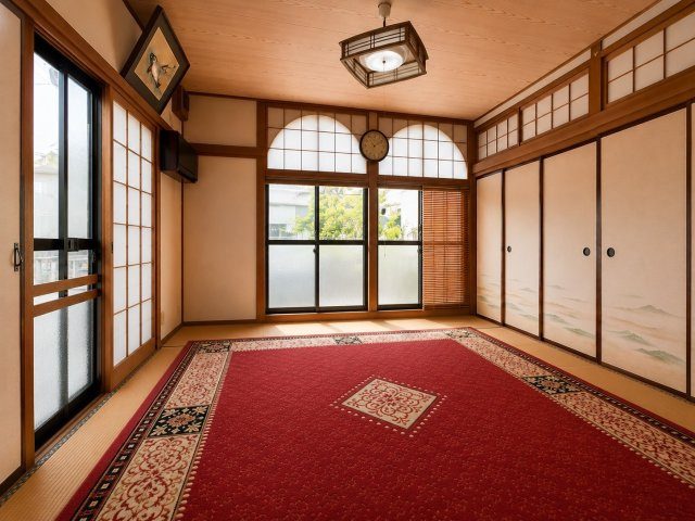 床の間や障子など、和の趣を感じられる落ち着いた和室です。天井や木部の風合いが空間に温かみを与え、ゆったりとした時間を過ごせます。押入収納も備えており、お布団や季節物の収納にも便利です。