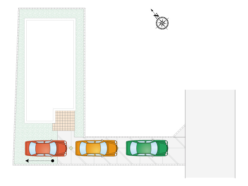3号棟　区画図　車3台駐車可能です。（車種による）　外水栓があるので、ホースをつないで洗車やガーデニングなどにもご活用いただけます。