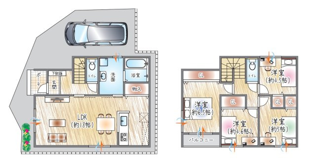 【参考プラン？】(ベストプラン建物価格：2480万円～)　■建物面積：95.25？　■2階建て×4LDK　約18帖の広々LDK　が家族の中心に。洗面室も広いゆとり設計です。
