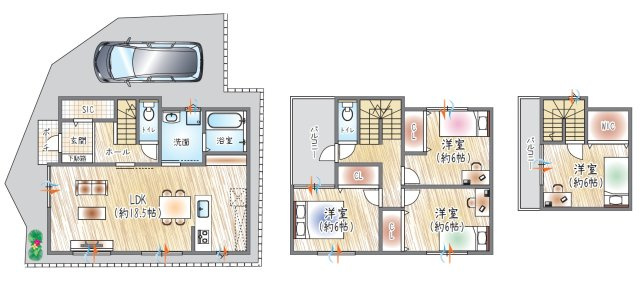 【参考プラン？】(セミオーダー建物価格：2630万円～)　　■建物面積：108.91？　■3階建て×4LDK　SIC+WIC+各居室収納付き。各居室6帖のゆとり設計