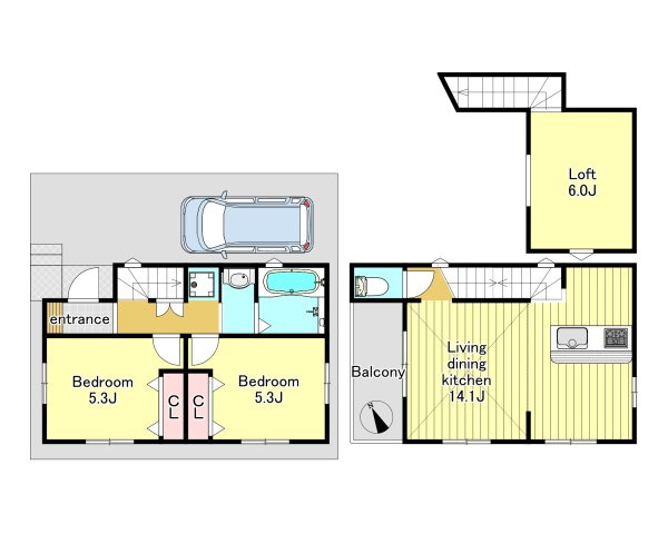 建物プラン例　間取り　明るい2階リビングを採用したロフト付きのお住まい　建築参考プラン【2LDK＋ロフト13.24？】　建物価格【1600万円別途税】