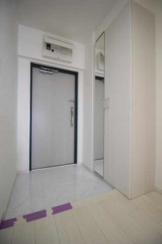 扉に便利な姿見が付いた大きなシューズボックスが置かれています