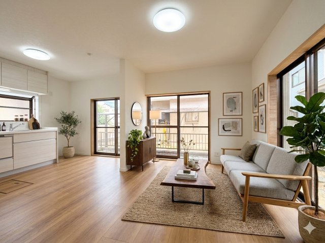 モデルルーム写真◆リビングは一日中太陽の光が射し込みます。家族が集まる空間は、自然と笑顔が溢れます！(家具はイメージです)