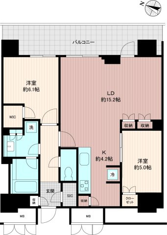 【2LDKメニュープラン】約15.2帖の広々としたLDを実現した開放的な空間設計。SICやWICなどの豊富な収納力はそのままに、ゆとりある心地よい暮らしを叶える間取りです。