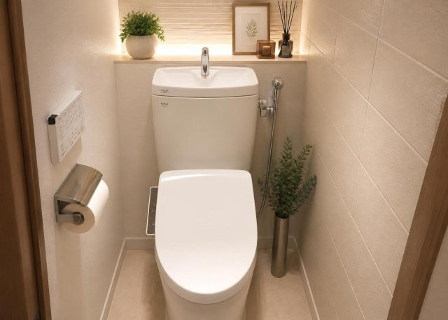 2026年5月に新規交換された快適な温水洗浄便座付きトイレです。清潔感のある内装クロスへ貼り替えられており、爽やかな空間に仕上がっています。小窓が付いているため換気もスムーズに行えて衛生面も安心。