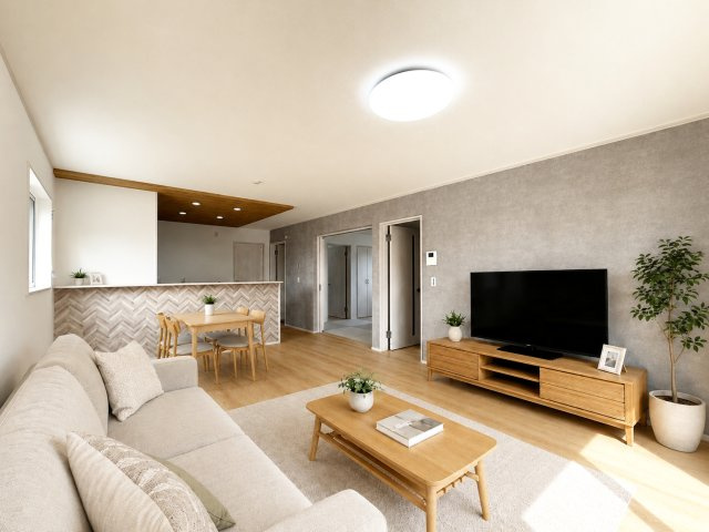 リビング　16帖のLDKは家具を置いても広々とした空間です。　（※実際の現地写真に家具を合成したパースになっています。家具や小物などは販売価格には含まれておりません）