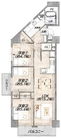 3LDK、専有面積69.8m2、バルコニー面積8.52m2