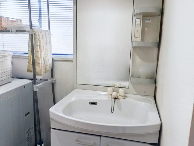 小物をすっきり整理できるサイドトレイ付き。朝の身支度がスムーズな洗面化粧台。