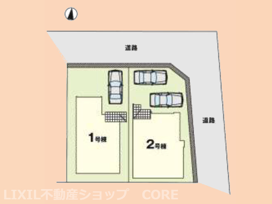 こちらは2号棟です。開放的な角地に立地！カースペースは嬉しい2台分ございます。
