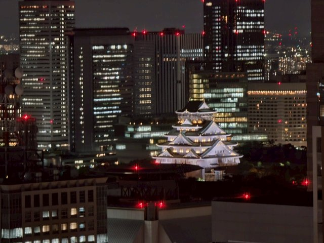 【物件からの展望（夜の大阪城）】夜景の中に、ライトアップされた大阪城が浮かび上がります。