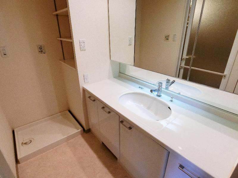 洗面室　三面鏡裏には収納が充実しています。