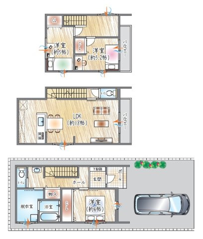 【参考プラン？】(ベストプラン建物価格：2480万円～)　■建物面積：97.73？　■3階建て×3LDK　2階リビングの開放感と18帖LDKで、のびのび過ごせる住まい♪
