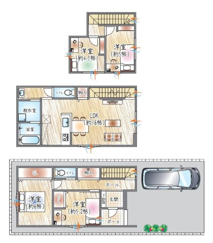 【参考プラン？】(ベストプラン建物価格：2480万円～)　■建物面積：98.14？　■3階建て×4LDK　水回りをまとめた動線で、家事も暮らしもスムーズに進む住まい♪