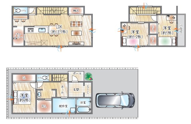 【参考プラン？】(セミオーダー建物価格：2630万円～)　　■建物面積：105.19？　■3階建て×3LDK　SICとFCLで収納が整い、18.5帖LDKでゆとりある暮らしを叶える住まい