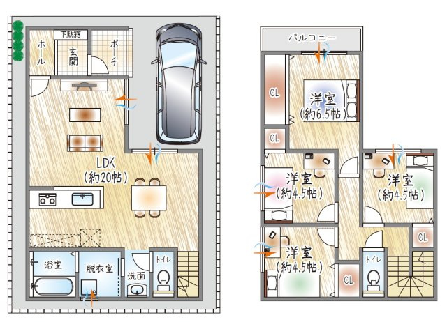 【参考プラン？】(ベストプラン建物価格：2430万円～)　■建物面積：96.90？　■2階建て×4LDK　20帖の広々LDKとまとまった水廻りで、開放感と家事動線に配慮した住まい。