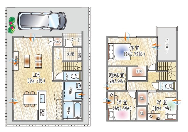 【参考プラン？】(ベストプラン建物価格：2430万円～)　■建物面積：92.76？　■2階建て×3SLDK　19帖LDKと趣味室を備え、ゆとりとプラスαの空間を楽しめる住まい