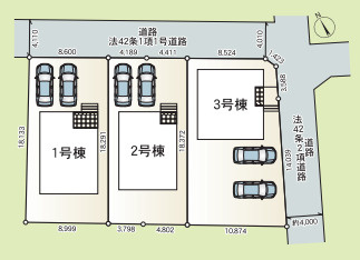 3区画分譲の一画。整形地で建物配置も無理なく、駐車もスムーズです。