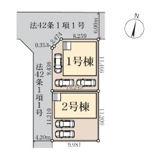 対象地：1号棟　駐車スペース3台可(車種による)！開放感あふれる北西角地に立地！