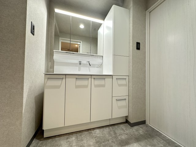 使いやすい3面鏡、シャワー付水栓で洗面台でのシャンプーや毎日の掃除にも便利な設備ですね。