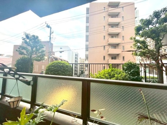 道路に面していますがバルコニーのパネルと植栽があるので人目は気になりません。