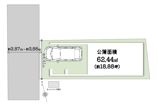 【土地図】土地面積：62.44？(約18.88坪)・西向きで明るく開放感のある土地です◎