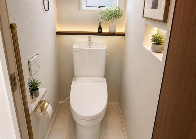 快適にご使用いただける温水洗浄便座と節水型トイレを設置。1階と2階の合計2ヶ所にトイレを備えているため、朝の慌ただしい時間帯も混雑せず安心です。高機能で掃除もしやすい衛生的な空間に仕上がっています。