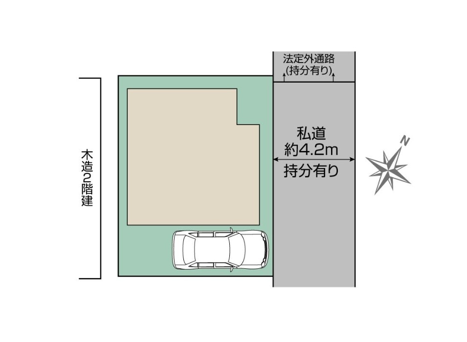 4.2ｍ道路に面した開放的な整形地。　南東側がカースペースになっているので陽当たりも良好です。